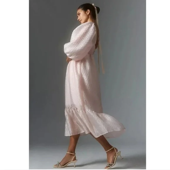 BY Anthropologie Textured Puff-Sleeve Midi pink Dress size Medium - Picture 3 of 6